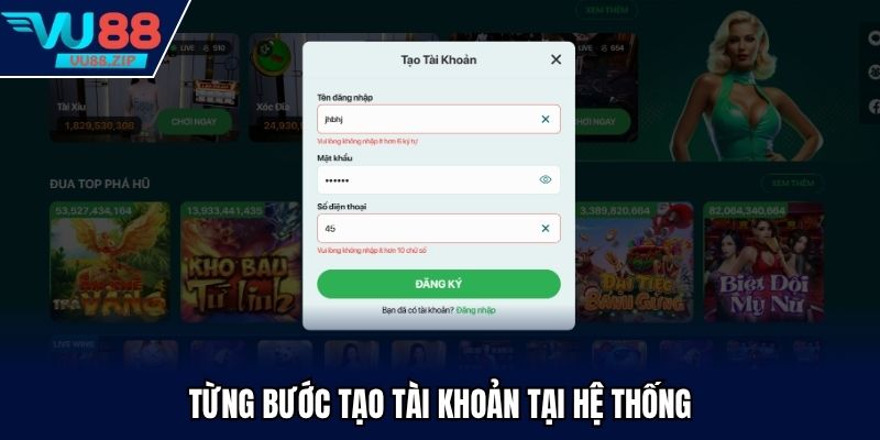 Từng bước tạo tài khoản tại hệ thống